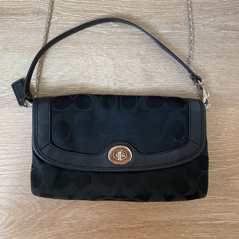 Coach Black Logo Monogram Leather Trim Small Purse Handbag